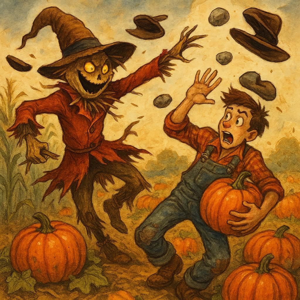 Crazy scarecrow launching hats and stones to a harvesting pu...