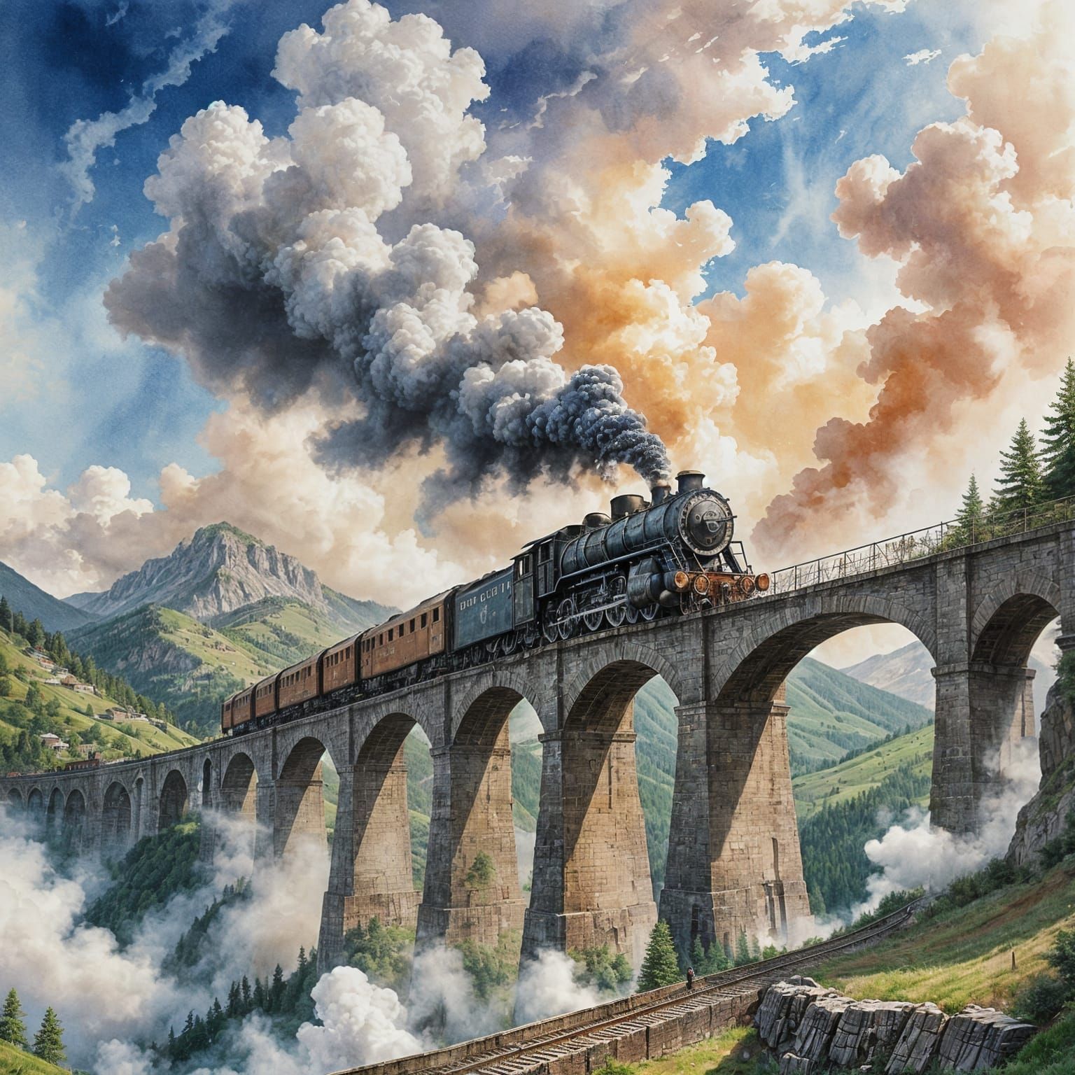 Steam Train Ascending Mountain Viaduct: Watercolor