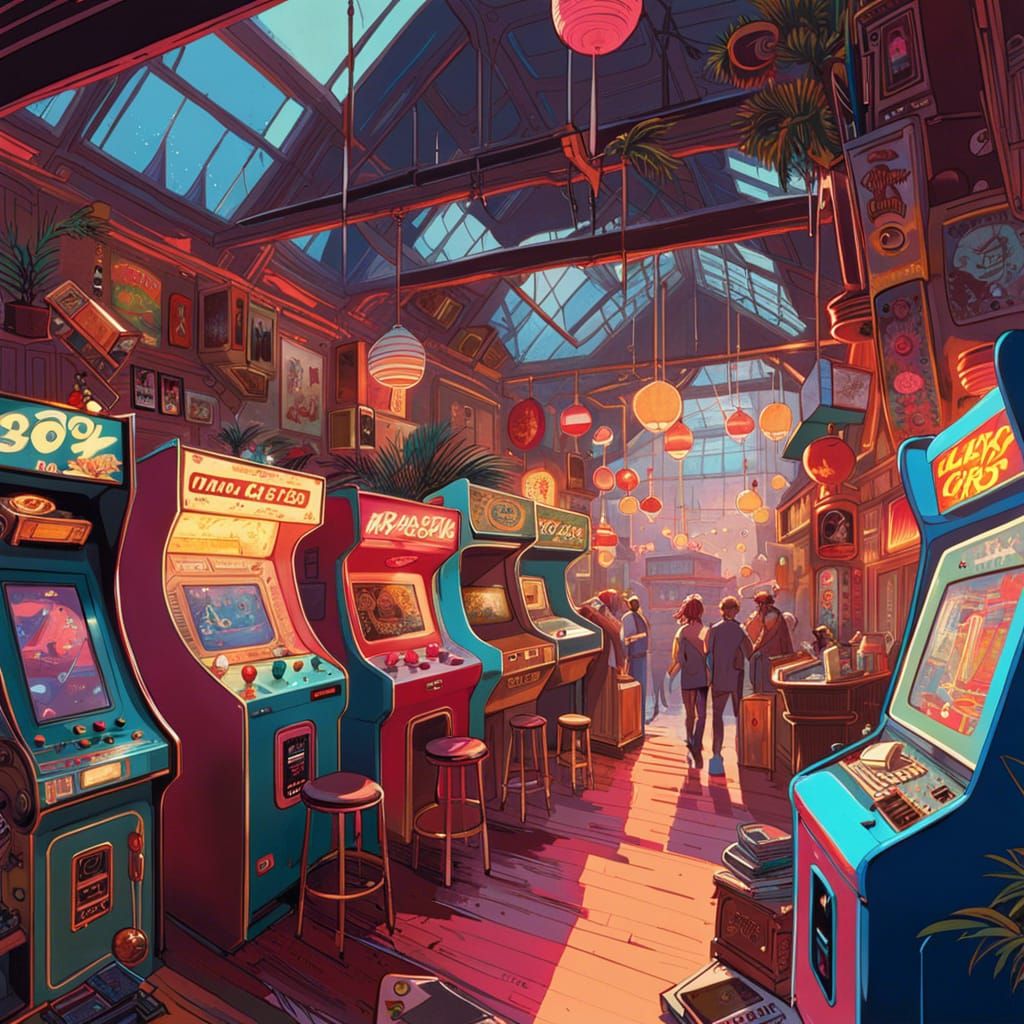 Digital illustration of 1980s arcade, cozy aesthetic, decorated arcade, lively scenes, highly detailed ...  by @Rad Shiba