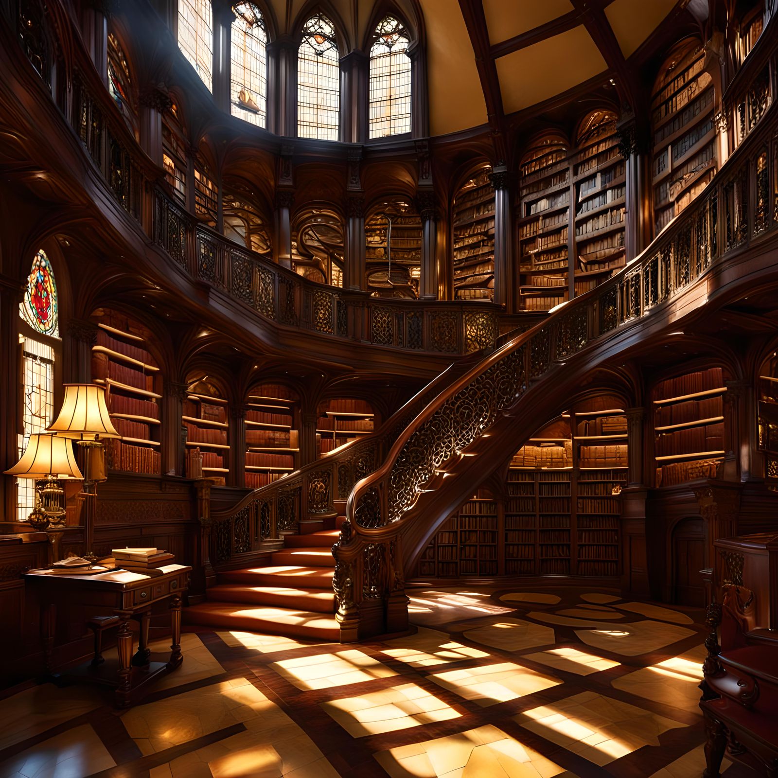 A vast, ancient library bathed in warm sunlight streaming th...