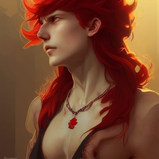 Dragon man with red hair and a scale necklace