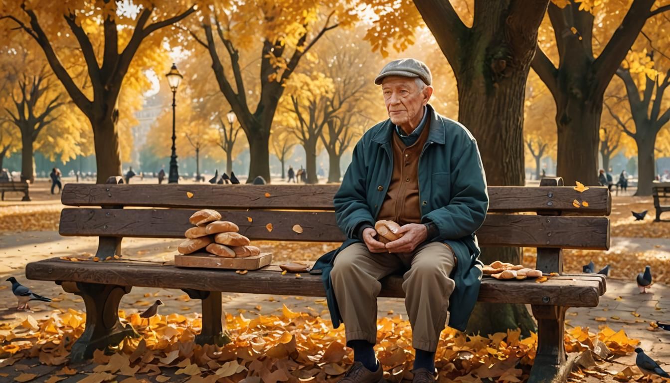 An elderly man with a weathered face, sitting on a wooden be...