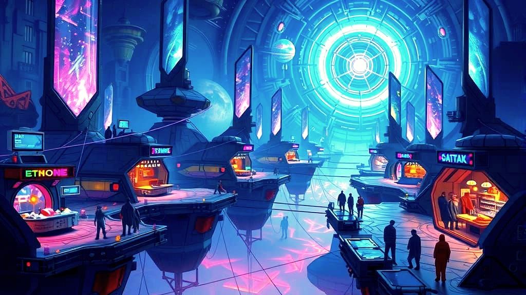 A vibrant marketplace situated on a series of interconnected floating islands.