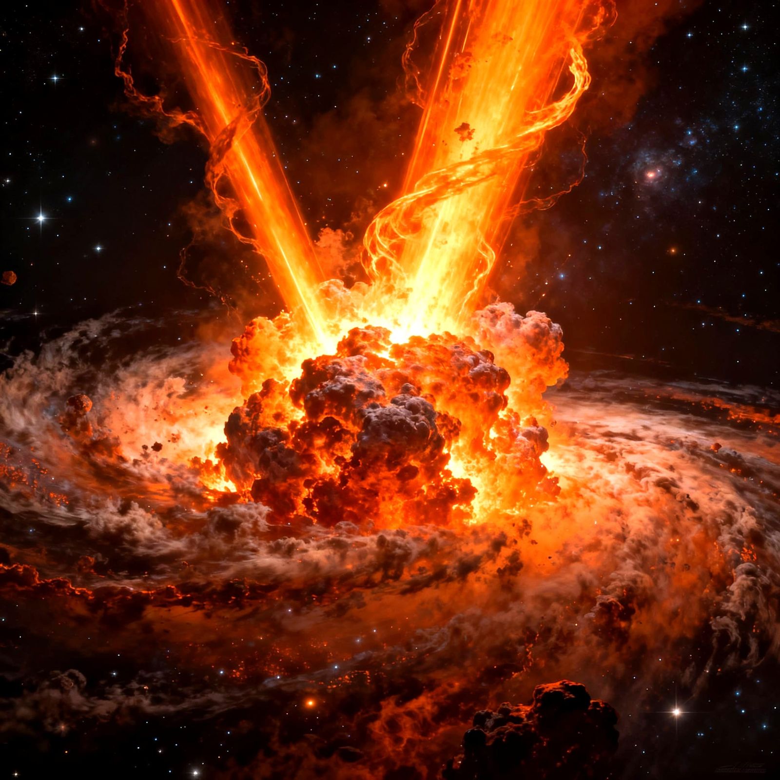 An Orange Nebula Cluster, explodes, streams of orange energy beams, reshaping the known universe   by @SethRichards