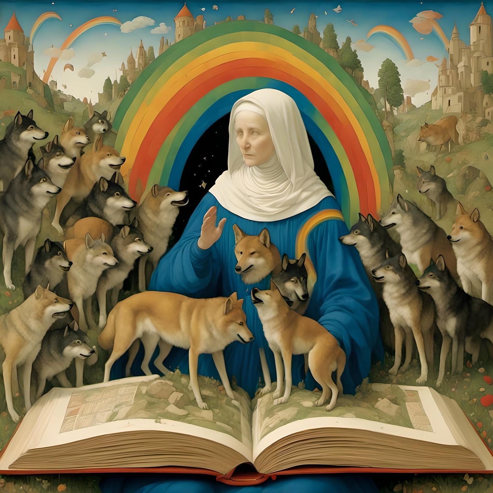 Medieval Woman Reading with Wolves and Grid