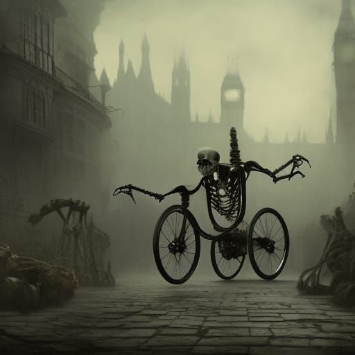 1880s misty London street Human skeleton Skeleton bike bomb ...