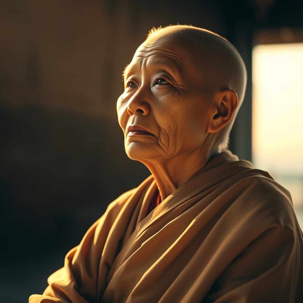 Elderly Buddhist Nun in Golden Light