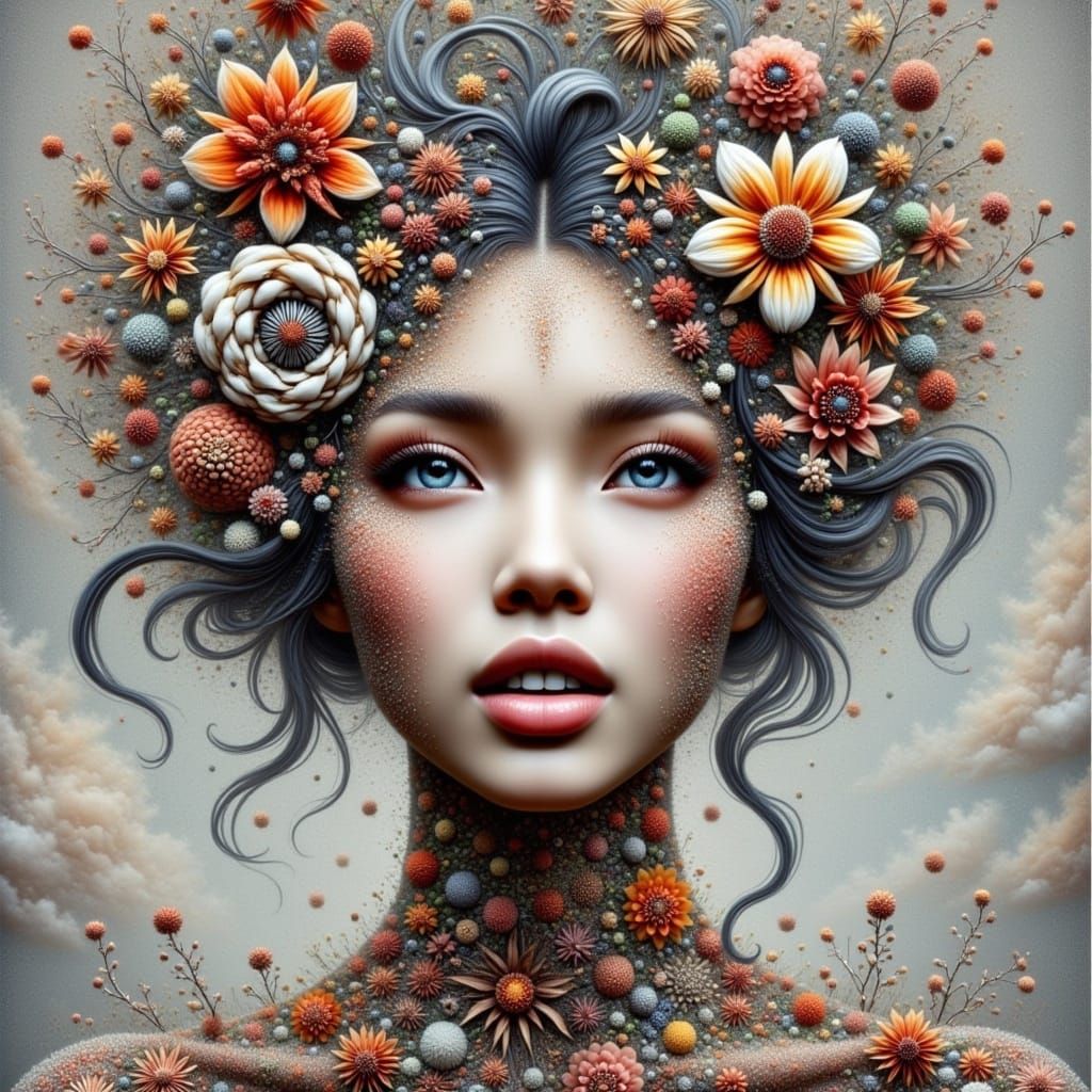 <lora:WonderPortrait:1.0>Gorgeous woman with mixed media flowers and a big, ethereal, surreal smile. 