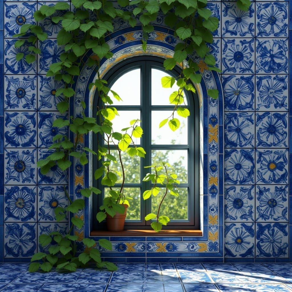 <lora:Azulejo Flux:1.0> Blue azulejo tile wall with a window, sunlight filtering through the leaves, greenery outside the glass, a floral p...