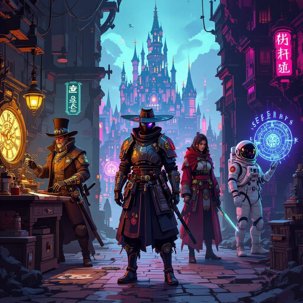 A diverse group of characters in various styles and settings, showcasing the range of the AI Character Generator, vibrant and imaginative.