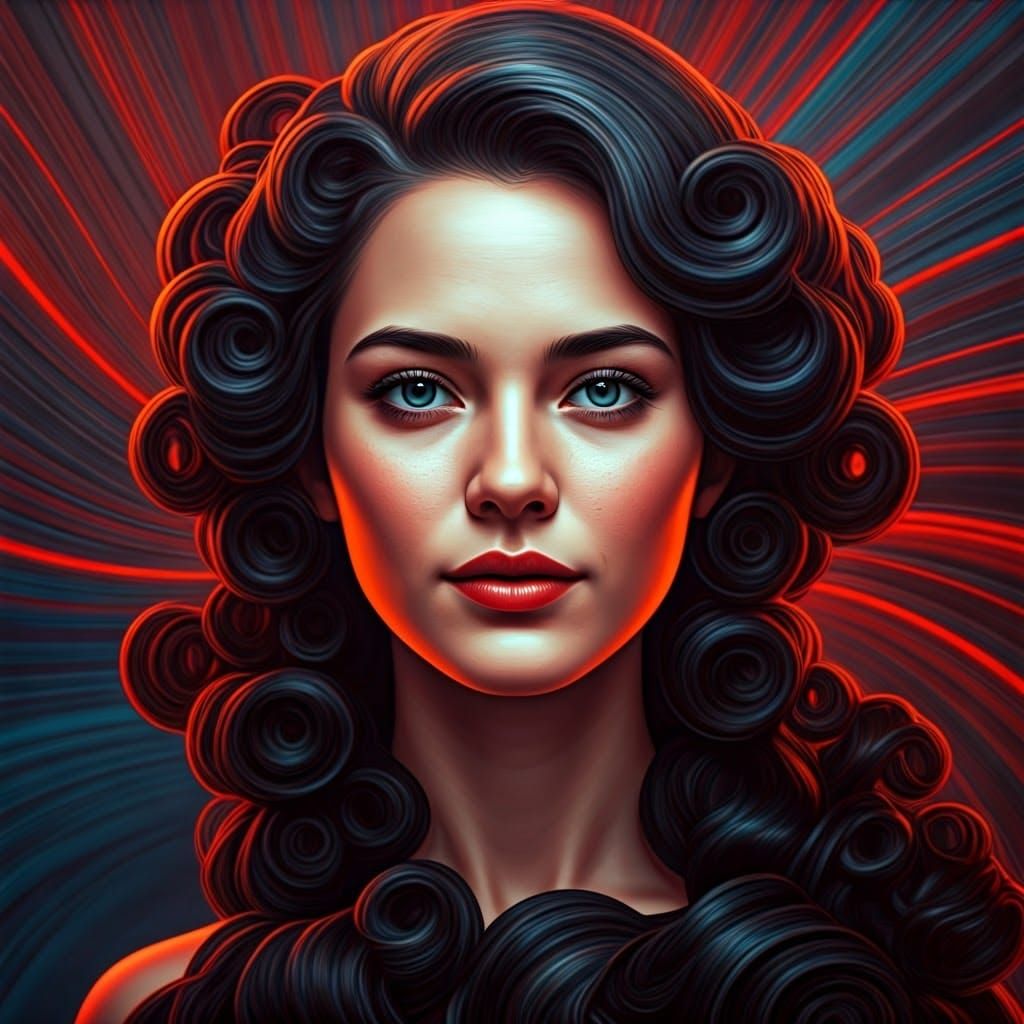 Red and blue, captivating , inviting face, elegance , charm,