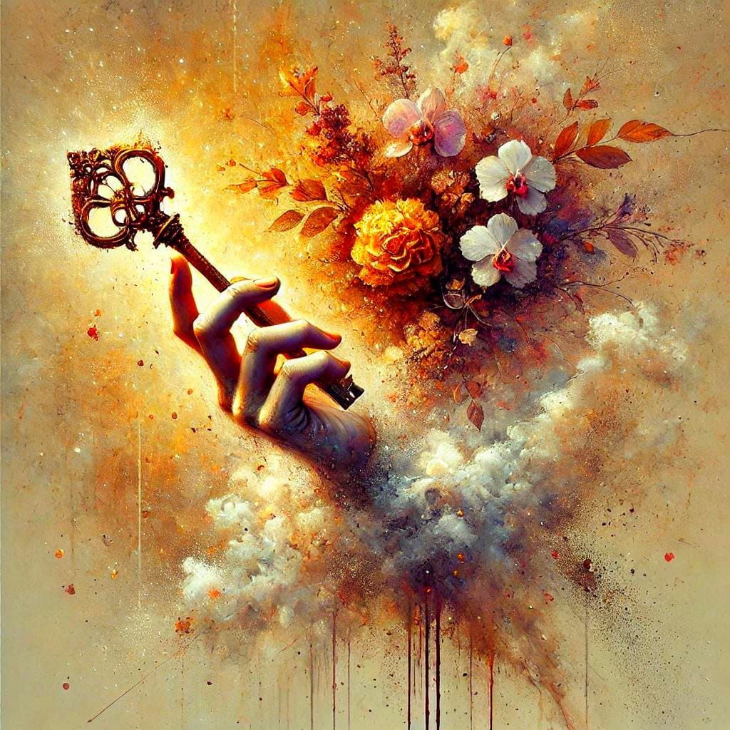 A key of silver, worn and bright,
Hangs heavy on a silken th...