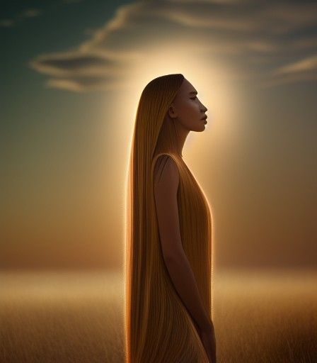 A Spiritual  moment alone , A woman long hair, rim light, de...