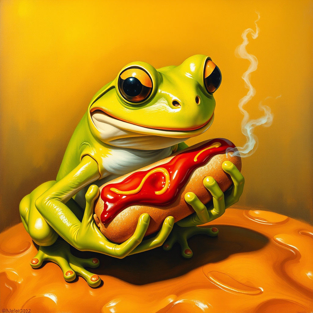 A happy frog smiles widely and looks down, lifts up a hot dog he is holding