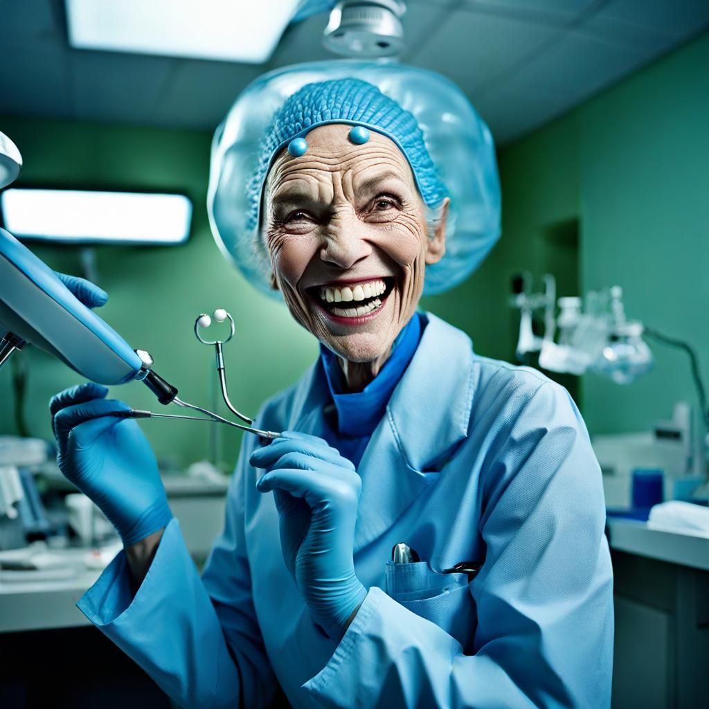 laughing old blue alien dragon woman dentist, scars fierce, ...