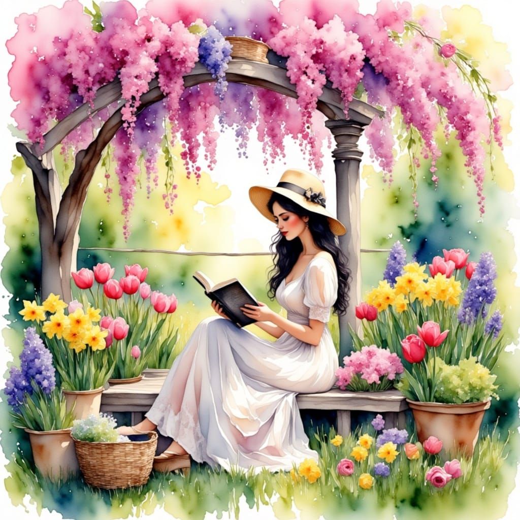 <lora:WATERCOLOUR STYLE:1.0> a beautiful dark haired woman reading a book under a blossoming tree, garden, fresh green grass, blossoming tre...
