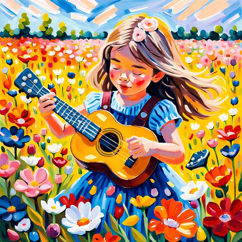 Girl with Ukulele in Impressionist Gouache Style