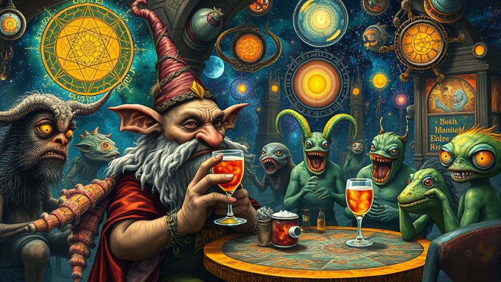 a wise old troll sits in a café at the end of the galaxy, sipping a strange, vacuum-like drink. The café ...  by @blenta