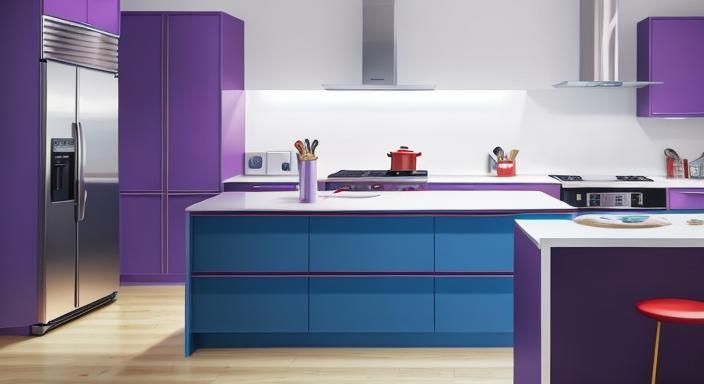 a medium size modern kitchen with red appliances. realistic