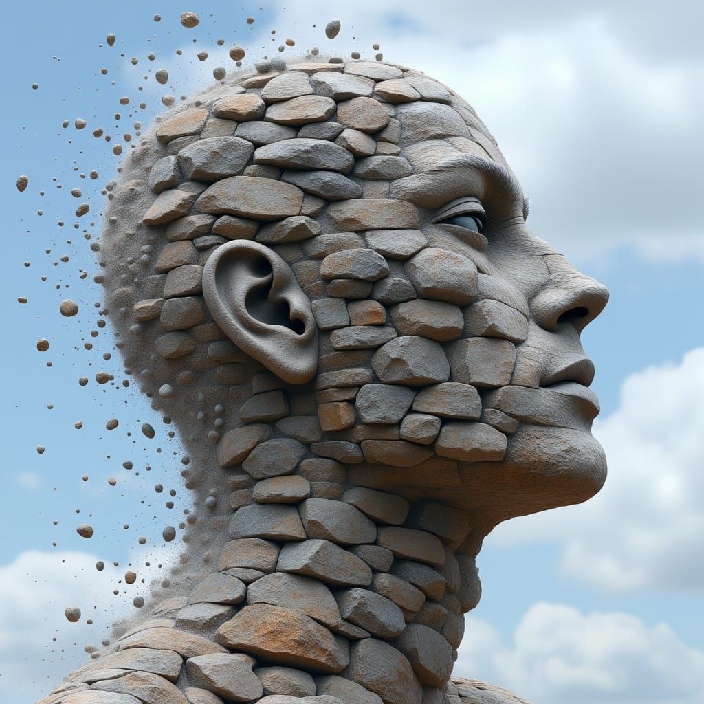 <lora:Swirling Stones v2:1.0> a side profile of a man's face made of rocks is falling from the sky, in the style of Tomasz Alen Kopera; Geol...