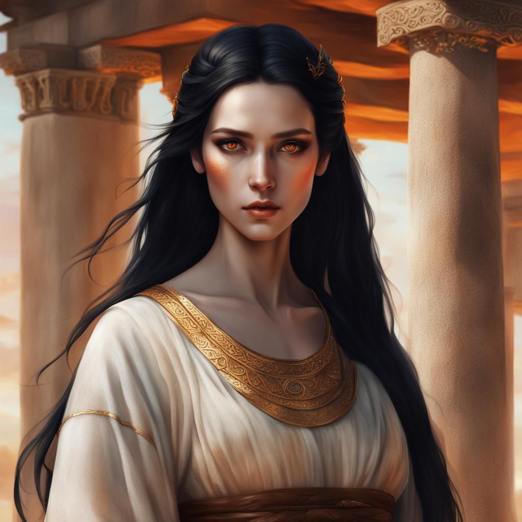 Woman, long black hair, fair skin, ancient greek clothes, fa...