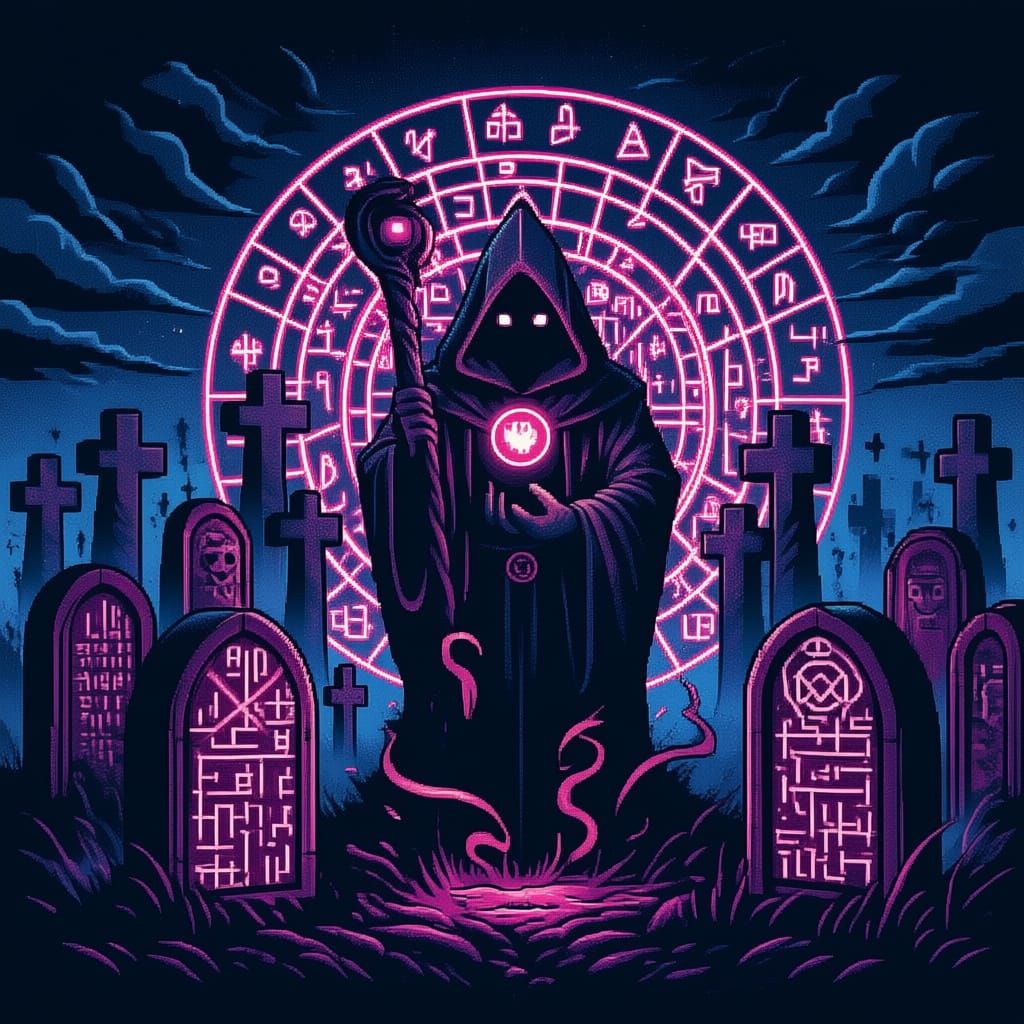 a 16:9 8-bit wallpaper using the dracula theme color palette. it should feature a dark graveyard with bright pink runes on the tombstones, a...
