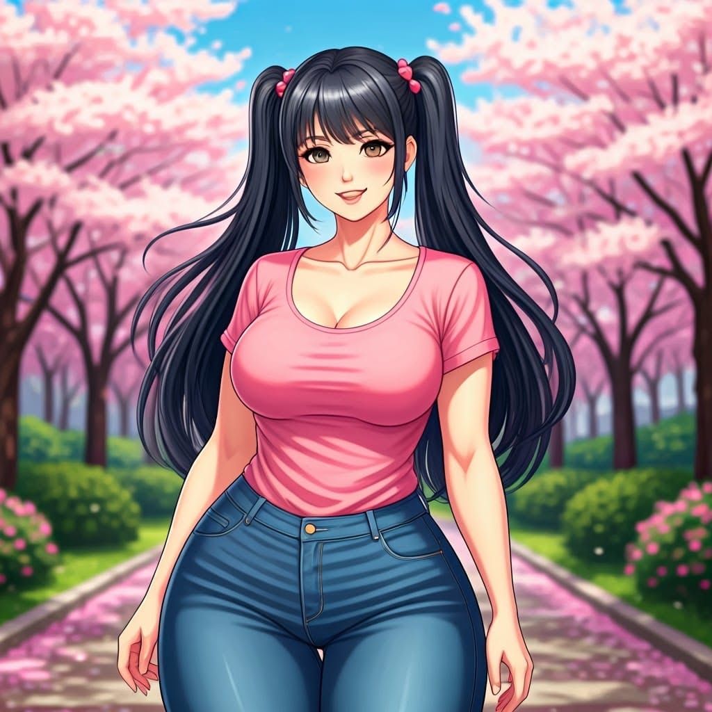 1girl, solo, facing the viewer, beautiful woman, curvy, voluptuous,  long black hair, pigtails, twintails, pink shirt, blue jeans, park, Jap...