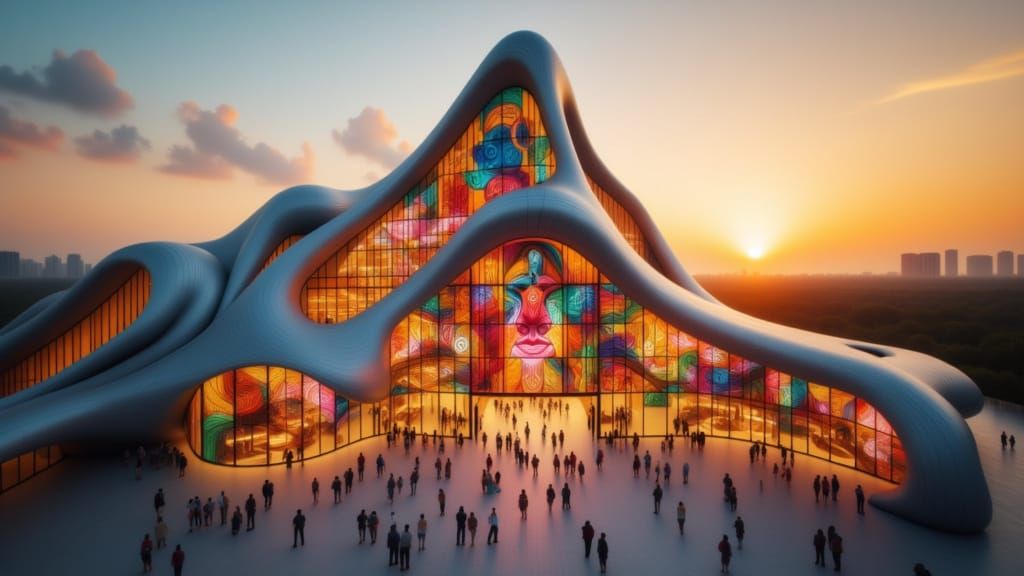 Aerial picture of Zaha Hadid Architecture in sunset, colorful neon art of a middle-aged bald man with a gentle smile and a white spiral bind...