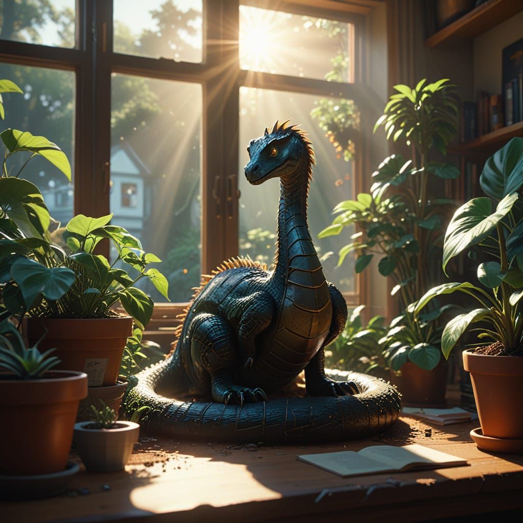 Epic Classroom Scene with Nessie and Lush Greenery in Warm G...