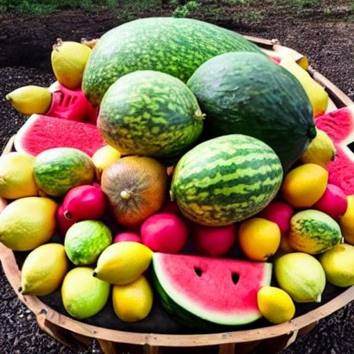 giant fruit basket containing lemons, melons, watermelon, avocados and