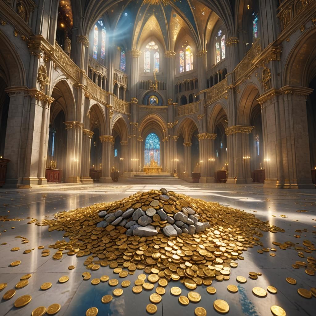 A treasure covered floor with gold coins and gemstones spread on the floor in a cathedral with no roof and view of outer space at night 