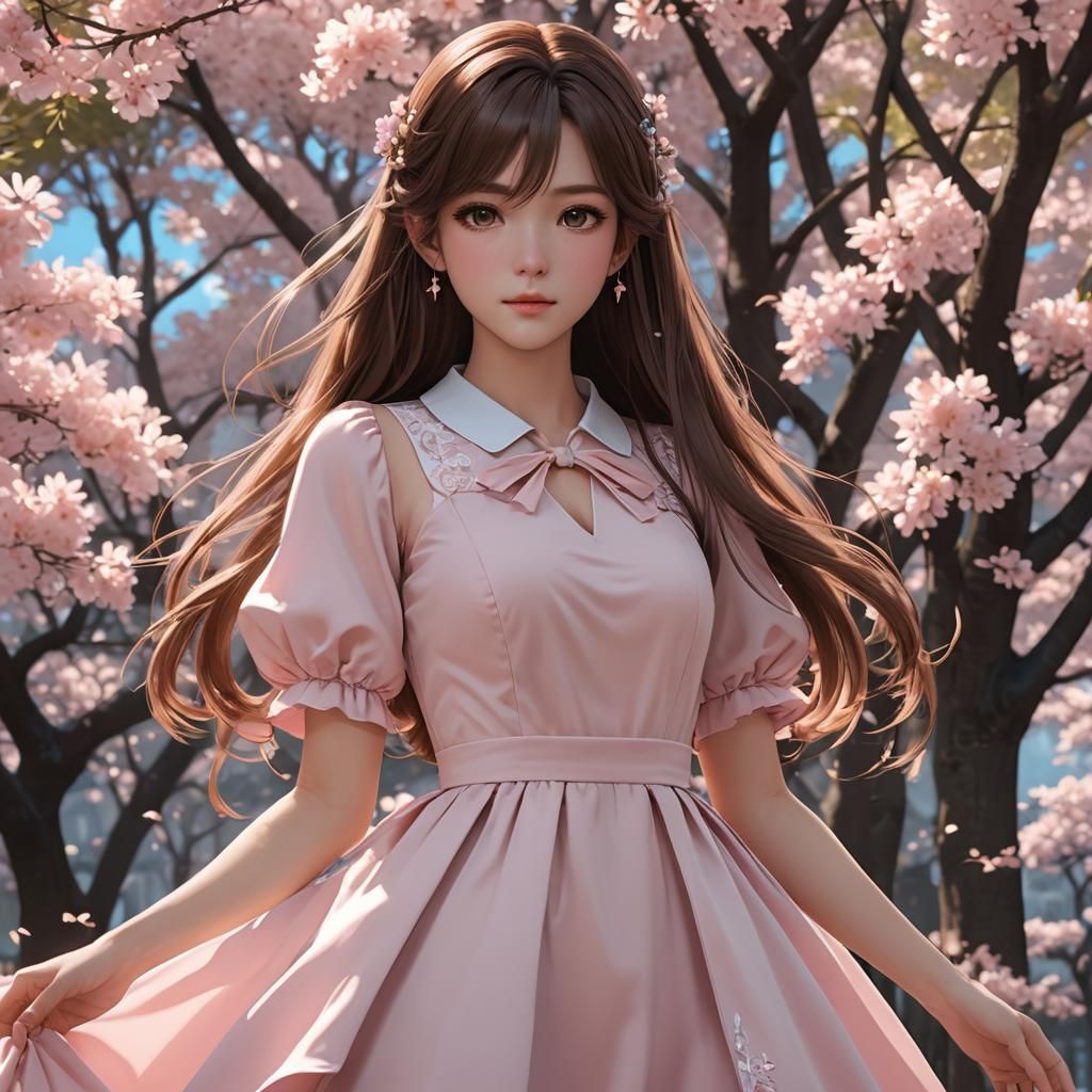 Girl with long brown hair with light pink dress