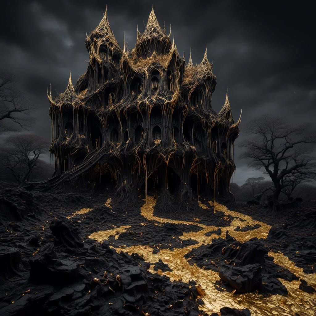 <lora:Noir Royale:1.0> pitch black ominous castle in an organic alien landscape with gold rivers