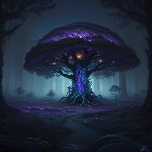 Mystical Forest Twilight with Glowing Mushrooms and Stars