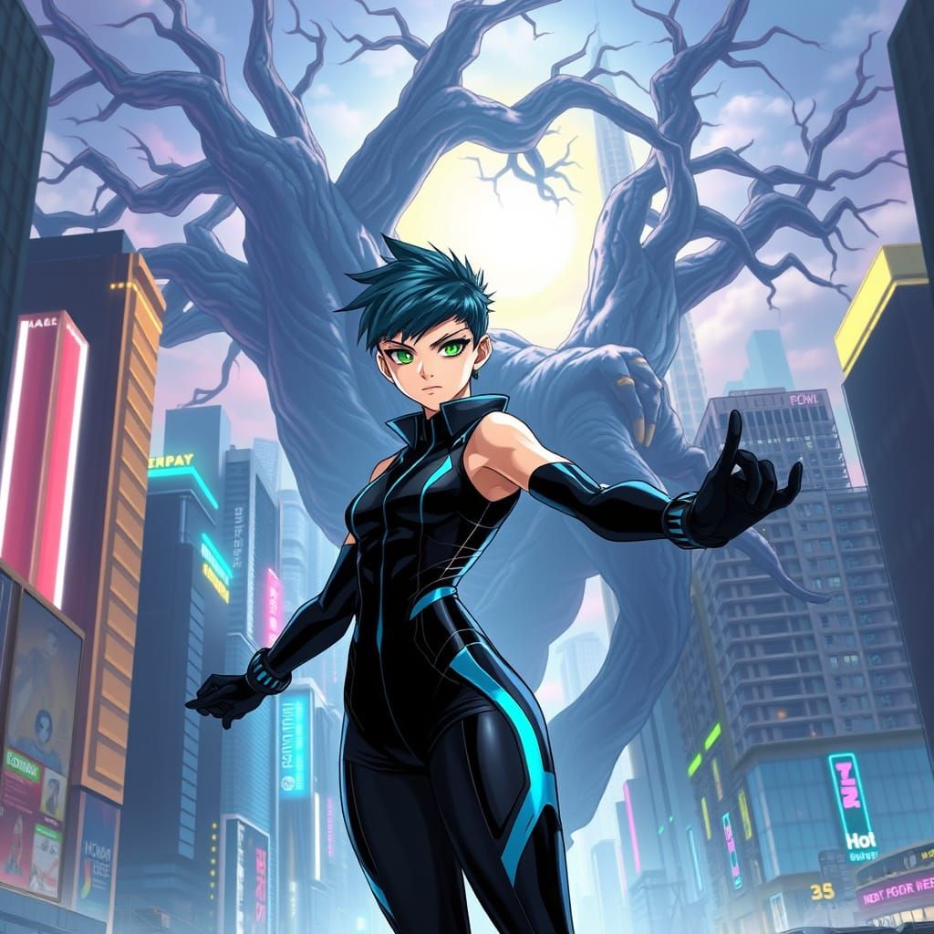 Heroic Woman in Futuristic Cityscape, Inspired by Anime and ...