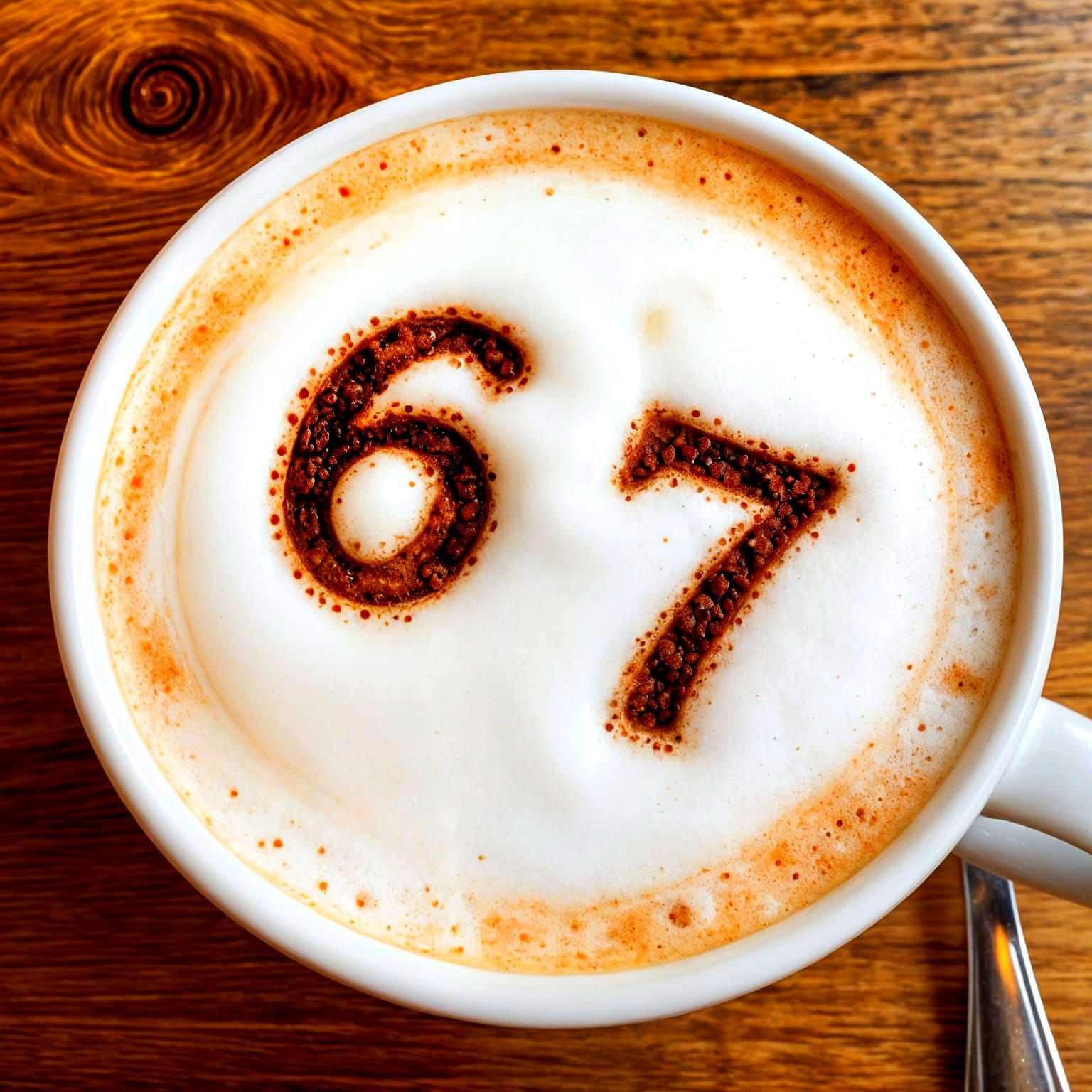 A top-down close-up photograph of a large ceramic cup filled with a cappuccino, sitting on a rustic wooden ...  by @hip hop