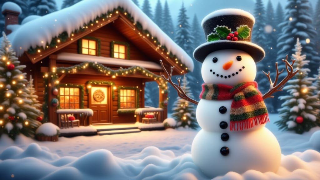 <lora:FiosFantasyXmas:1.0> Traditional snowman outside Alpine log cabin chalet at dusk