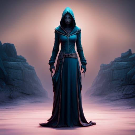 Fullbody of A mysterious hooded woman whose face is not visible  false
