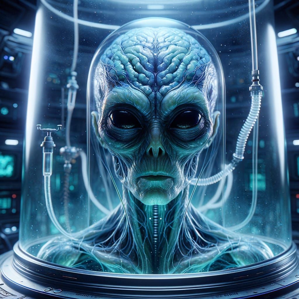A portrait of an alien oracle preserved in a glowing stasis chamber aboard an interstellar vessel.  by @Taurus