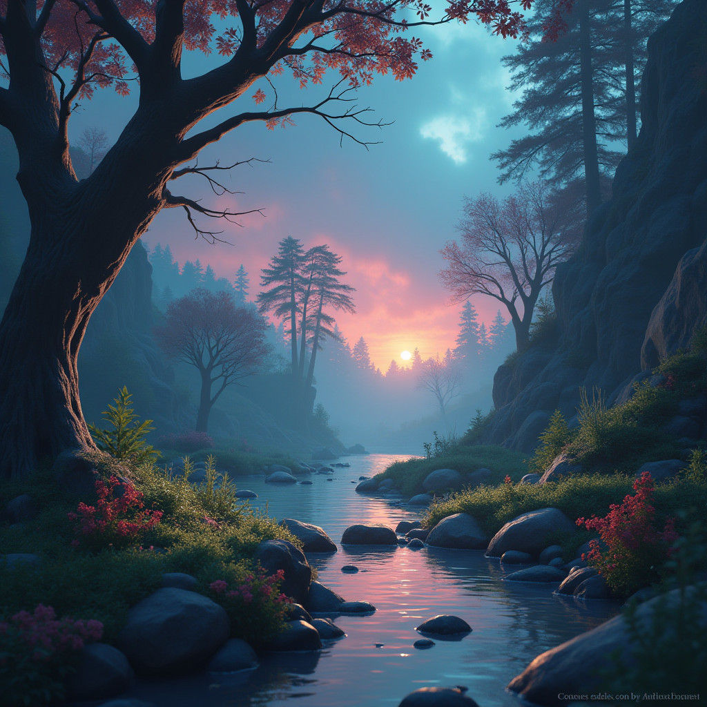 Enchanted Waterfall Scene with Ponies, Fantasy Art