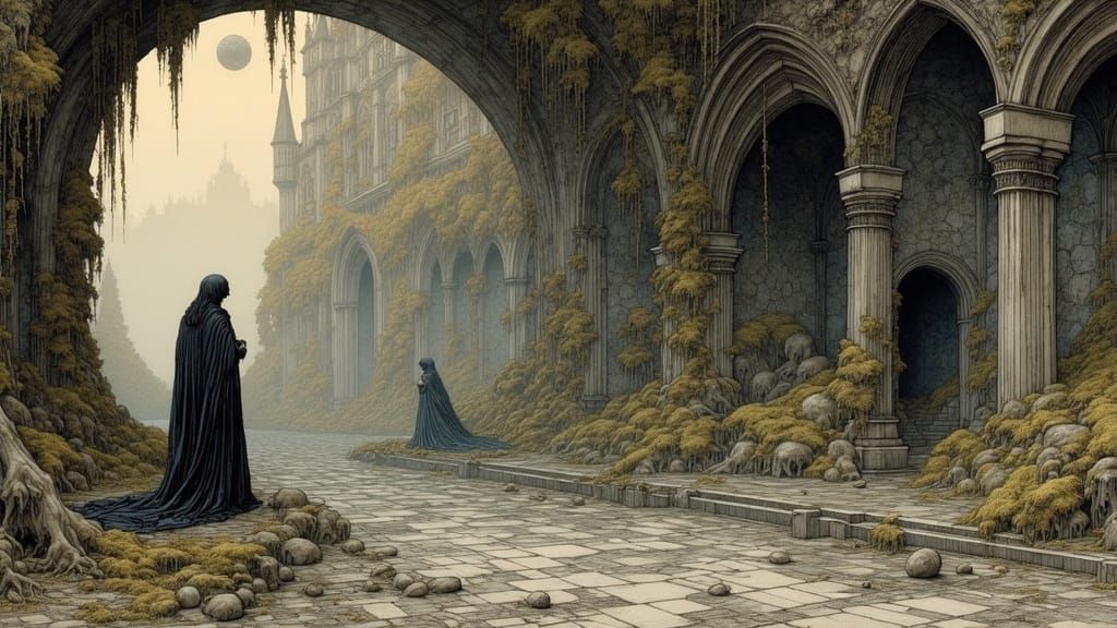 "The Maiden's Fate." Ominous, Magical, Intricately Designed , Elegant, Scenic, Detailed, Delicate; Complex, Albrecht Dürer, full color story...