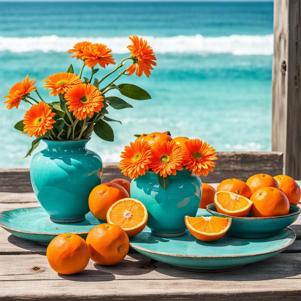 A still life composition in orange and teal  by @Tina