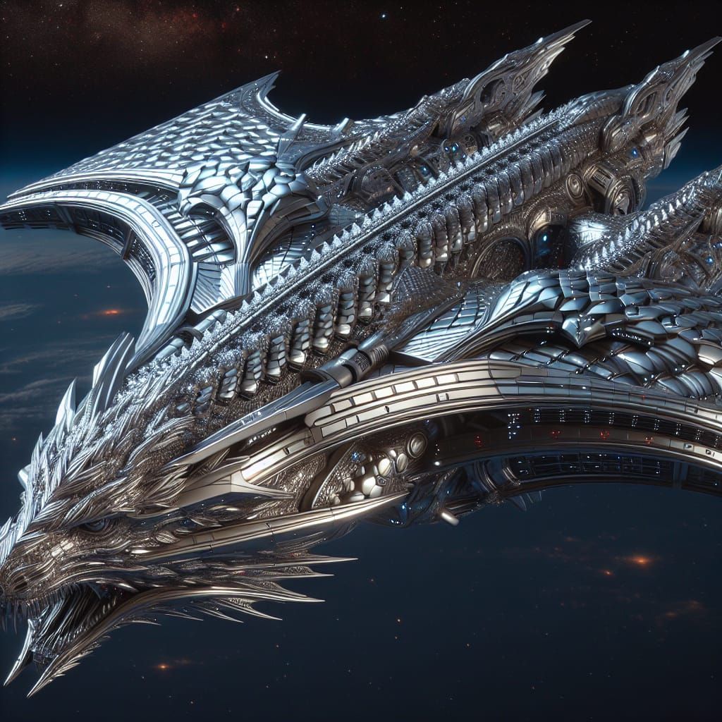a 3D asset of a dragon-inspired spaceship in a futuristic style, with high polygon LOD. The spaceship should appear as if made out of gliste...