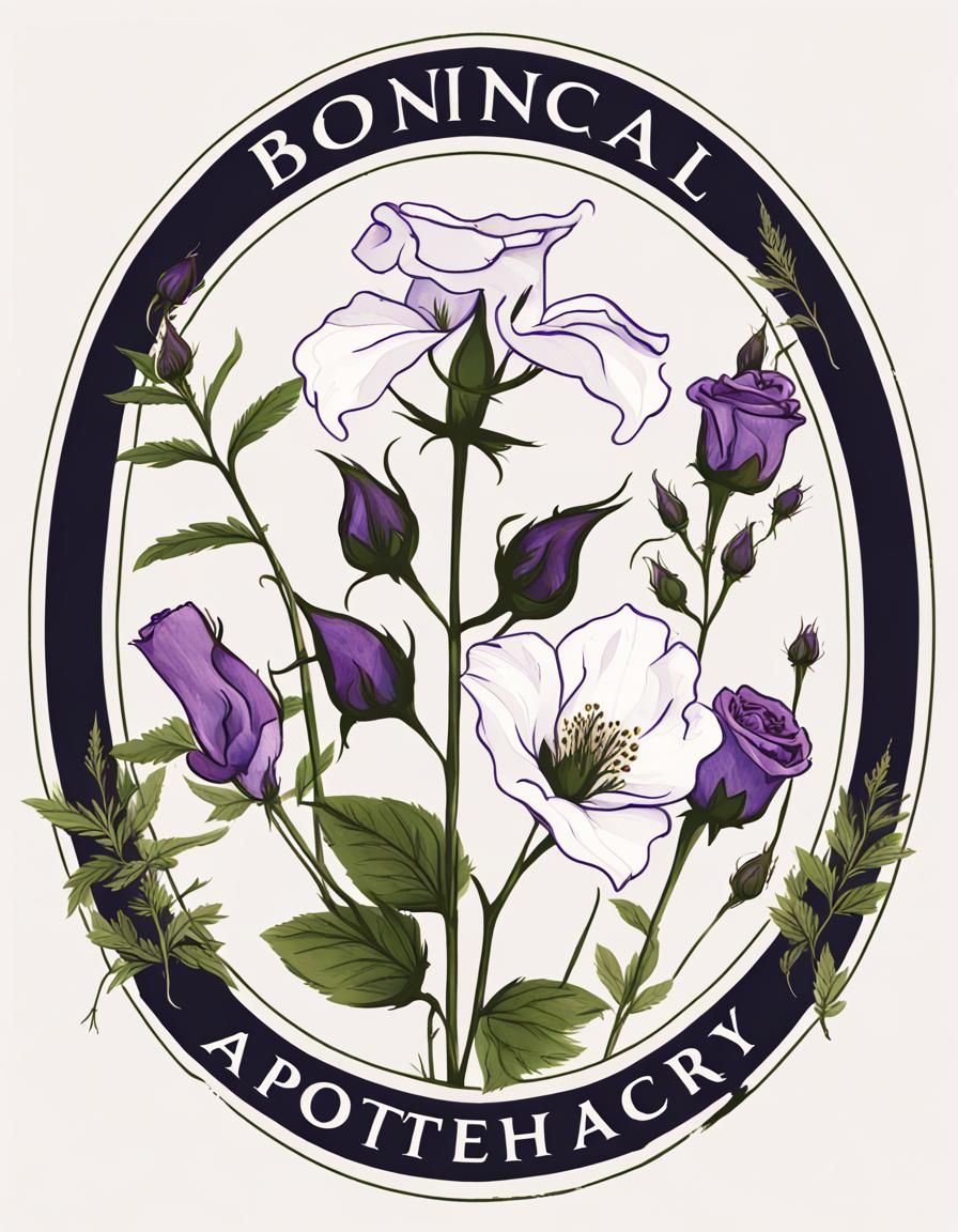 Botanical apothecary logo with monkshood , with purple roses...