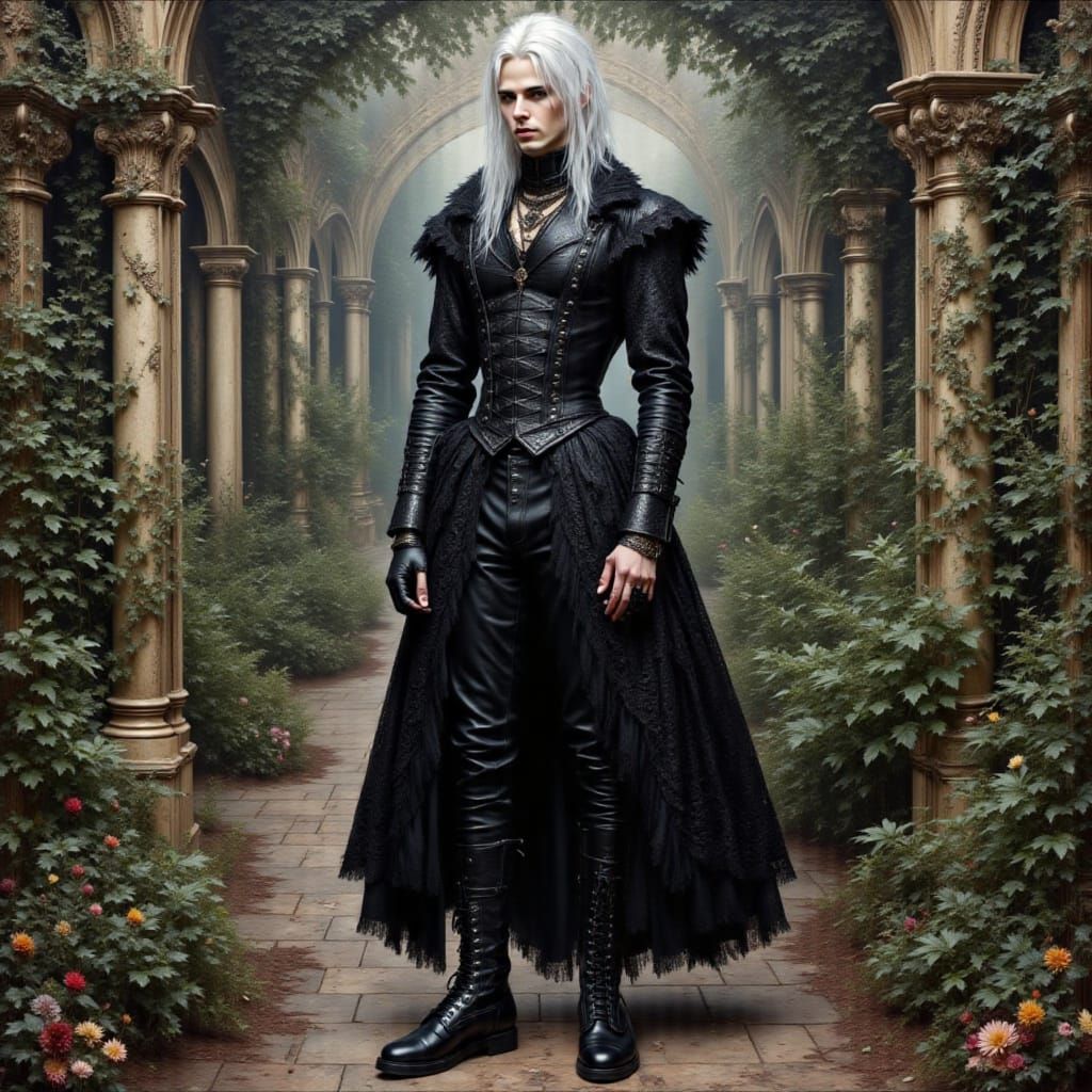 <lora:Outfit Intensity:1.0> Intricate painting of a white haired  man in a leather decorated goth dress, folded leather and lace dress with ...