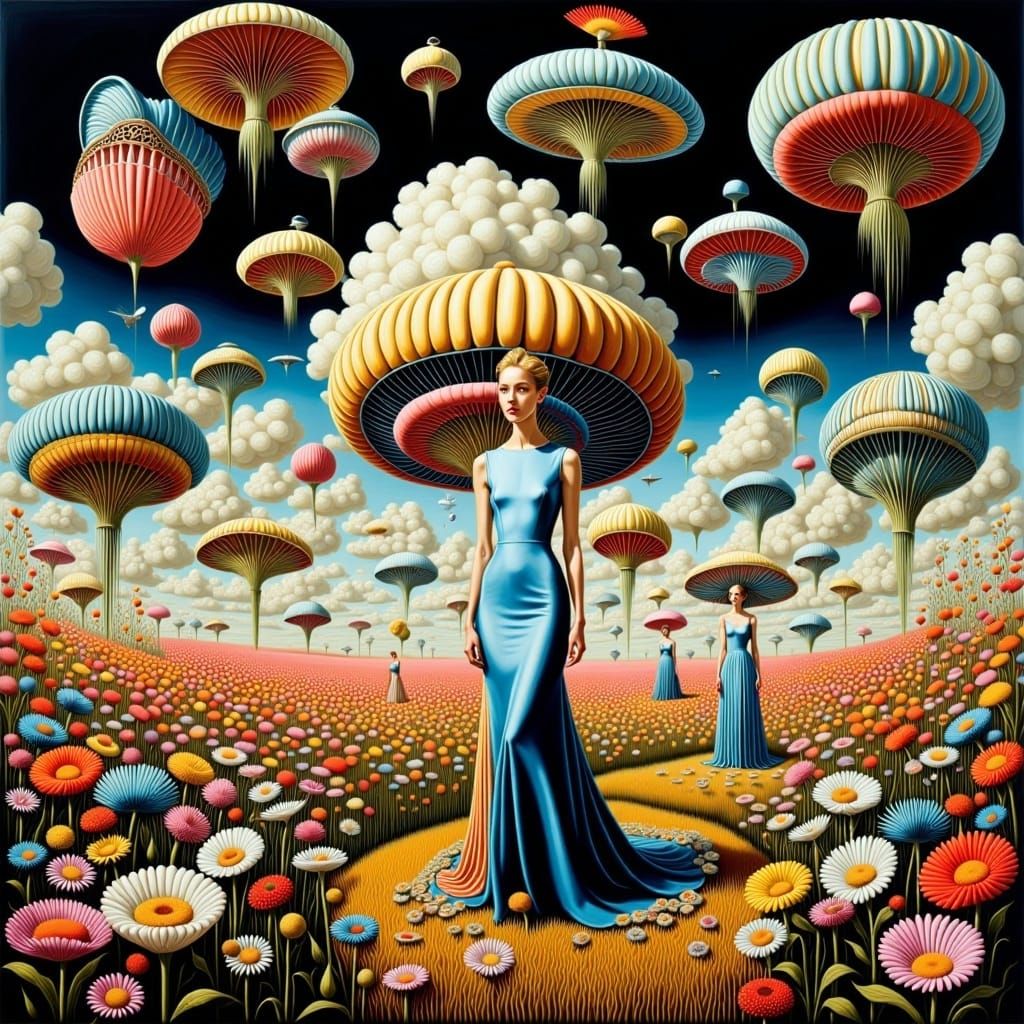 <lora:Surreal Sunday Flux:0.9>Surreal ink_splatter_art. Surreal fashion show in a surreal field, alien haute couture, Flying objects, Andre...