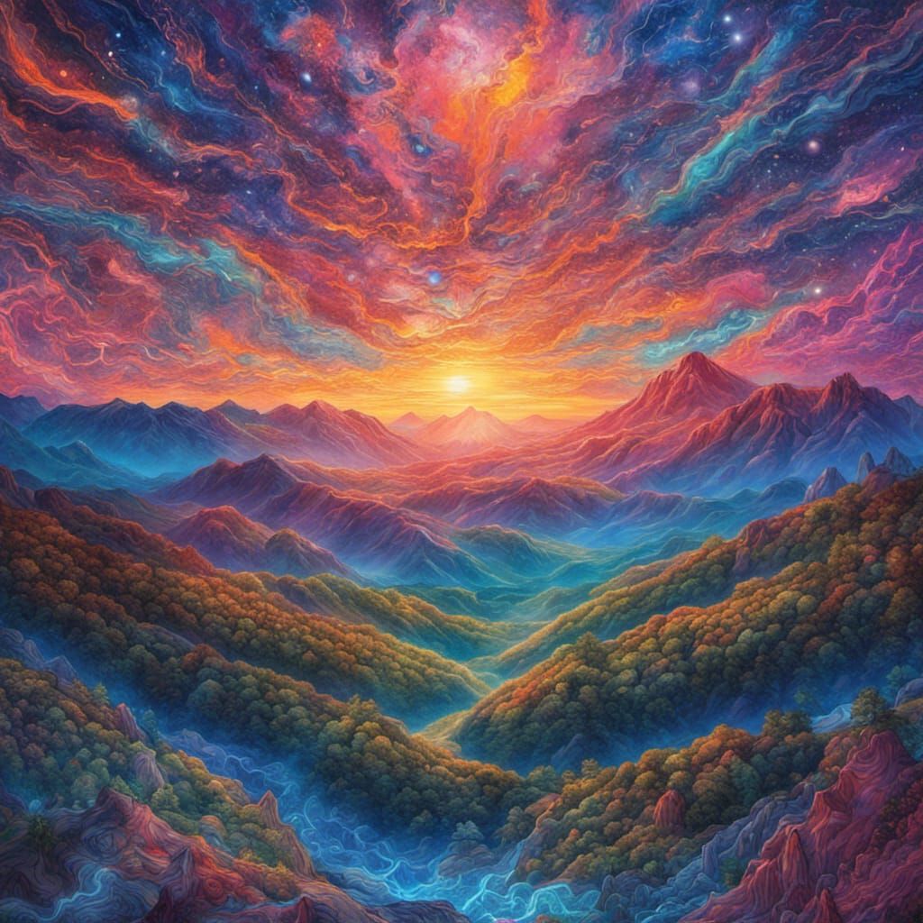 Sunset on blue ridge mountains 8k resolution holographic astral cosmic ...