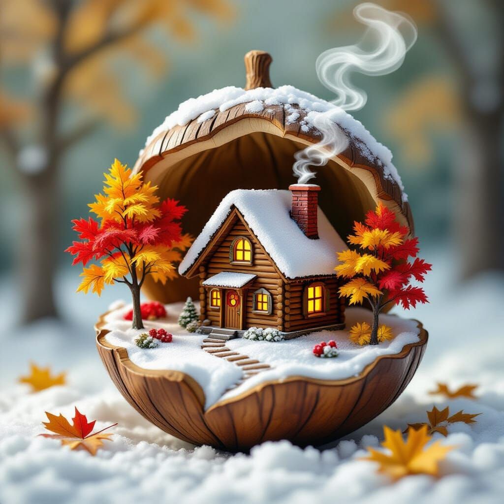 Miniature Autumnal Scenes, highly creative. A cozy, snow-dusted log cabin built inside a hollowed-out, giant acorn, surrounded by a miniatur...