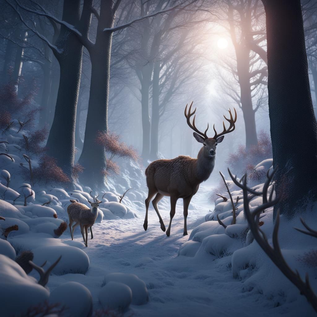 Walking Through A Snowy Moonlit Forest With Deer And Turkeys Walking 