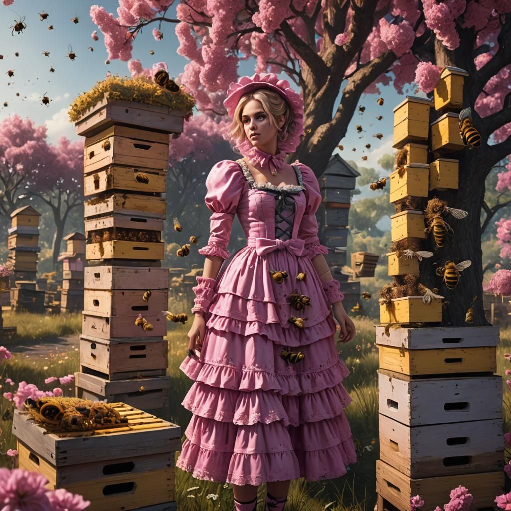 A sissy man dressed in a frilly pink dress is tied to a post surrounded by busy bee hives.